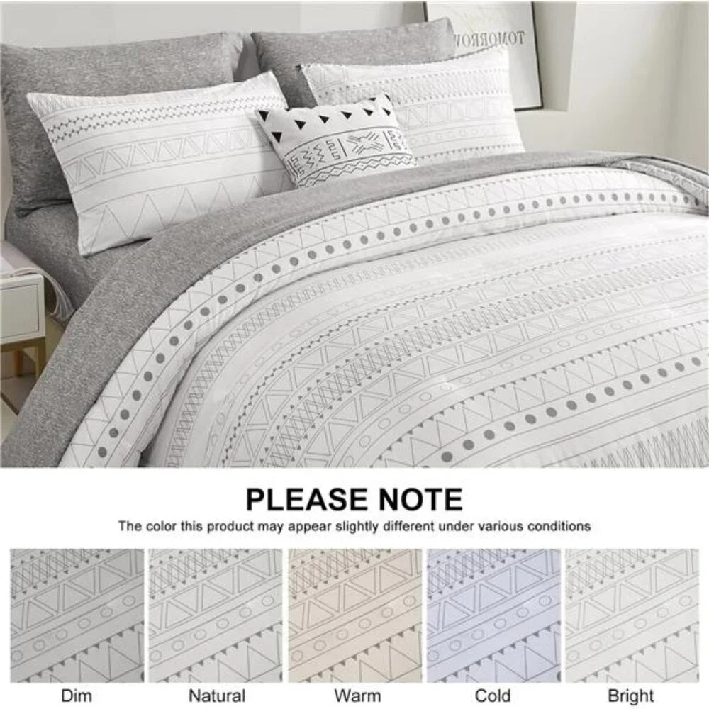 Boho Comforter Set King Size,7 Pieces Grey White Geometric Bohemian Bed in a Bag